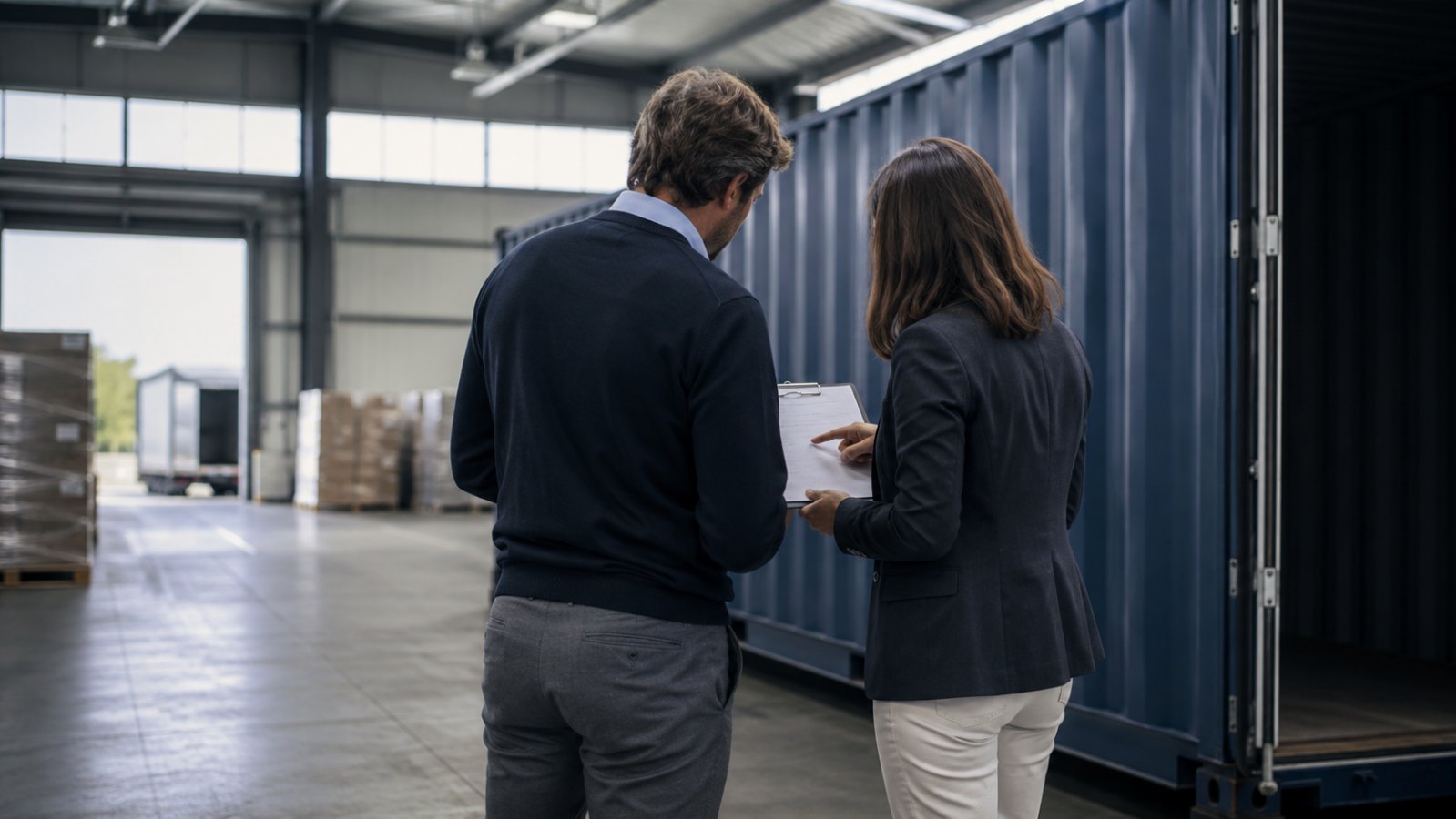 Our team reviewing shipping paperwork beside a container