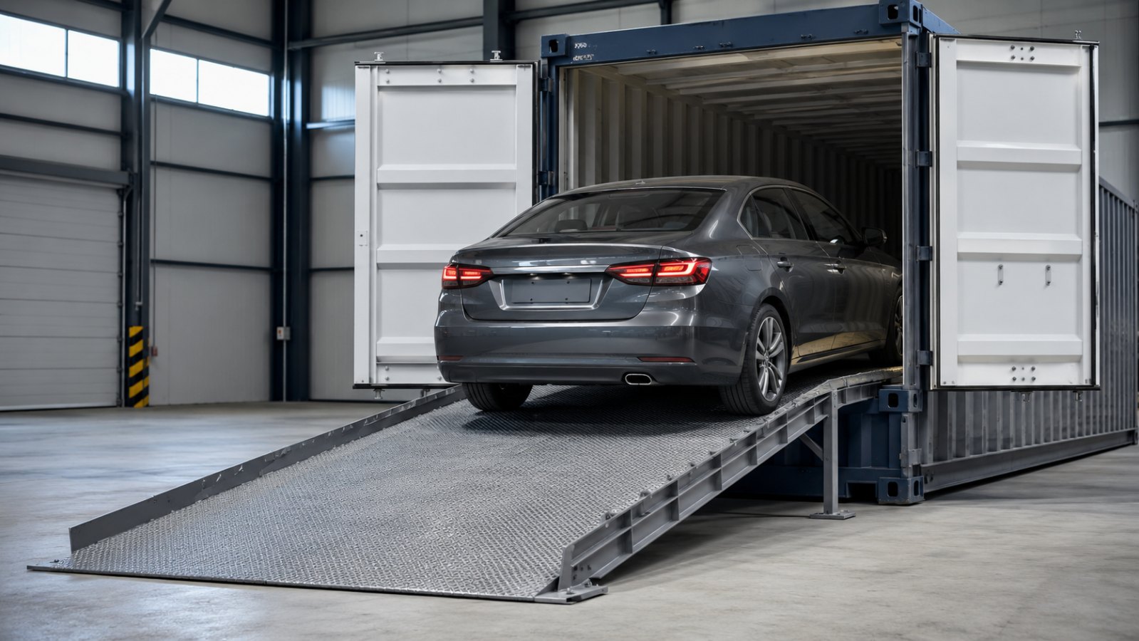 A car being driven up a ramp into a shipping container